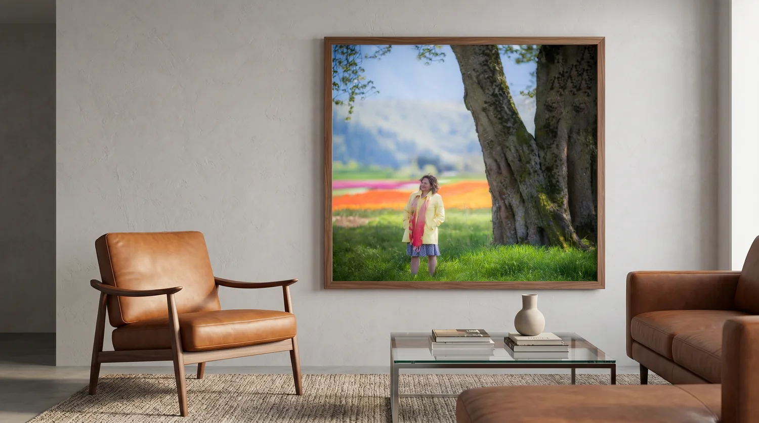 Framed portrait hanging in a living room